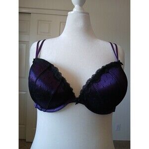 Cacique Bra Womens 42C Purple Lace Black Padded Push Up Lace Lingerie Intimates